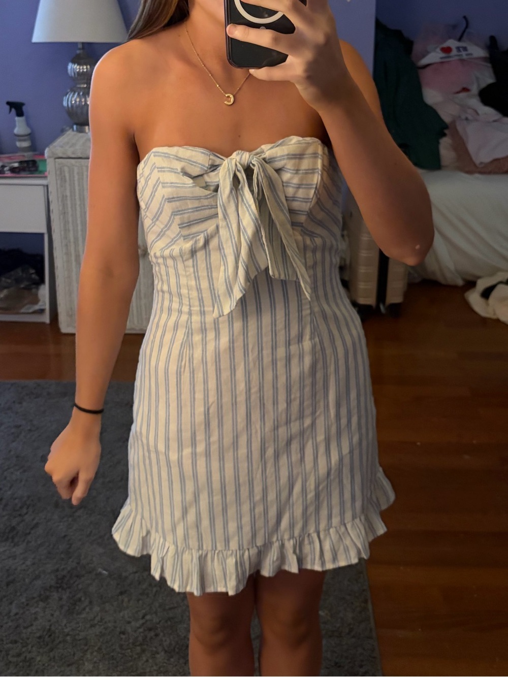 Cotton Candy Strapless Bow-Front Mini Dress in Blue and White